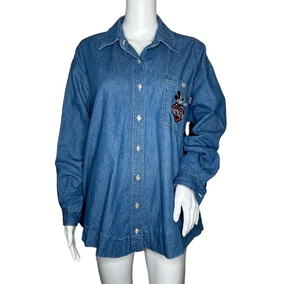 Disney Tops - Vintage Mickey Mouse Unlimited Embroidered Button Up Denim Blue Jean Shirt